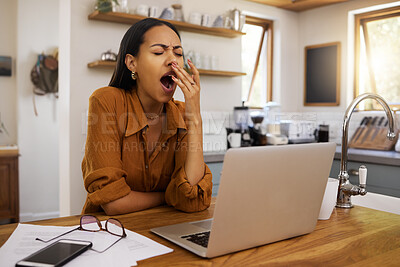 Buy stock photo Woman is tired, yawning and remote work with laptop, burnout and overworked with bored employee. Working from home, freelancer and fatigue, connectivity and exhausted with professional female 