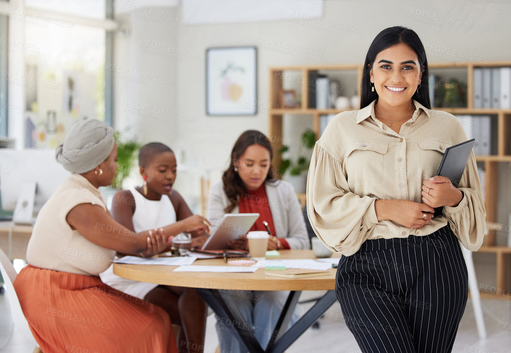 Buy stock photo Business woman portrait, meeting and collaboration of a web analytics group in a office. Teamwork, tablet and logistics leader of female employee in a iot meeting with website statistics and data