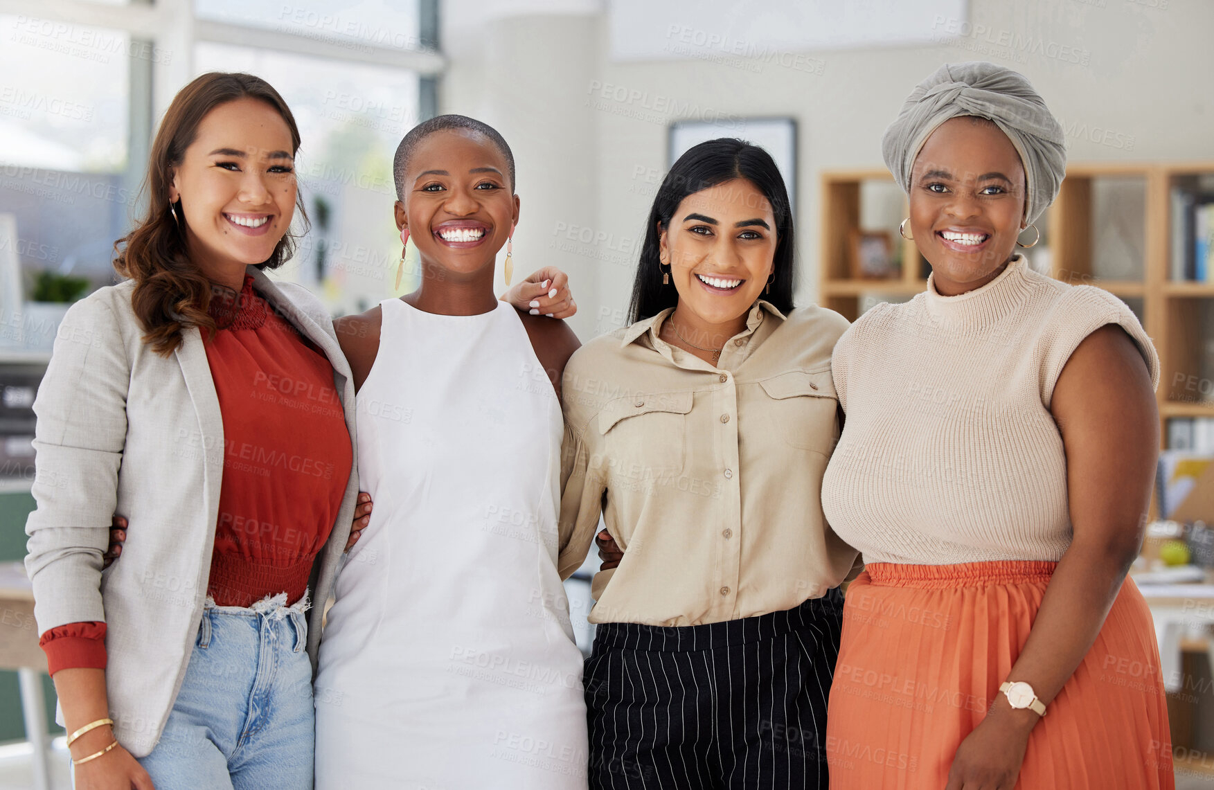 Buy stock photo Team, diversity and business women, portrait and happy in meeting with collaboration and solidarity. Female group, confidence and happy employees, working together and support with trust in office