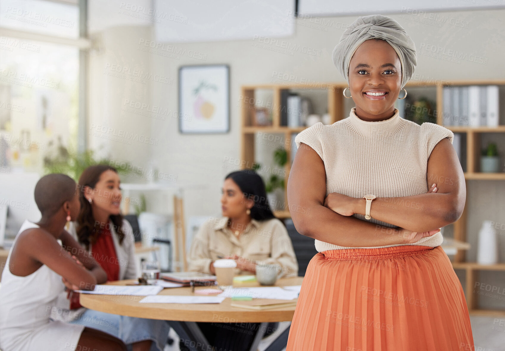 Buy stock photo Black woman in business, happy in portrait and meeting, arms crossed and confident, pride and success in office. Team leader, corporate group and female smile in workplace and professional mindset
