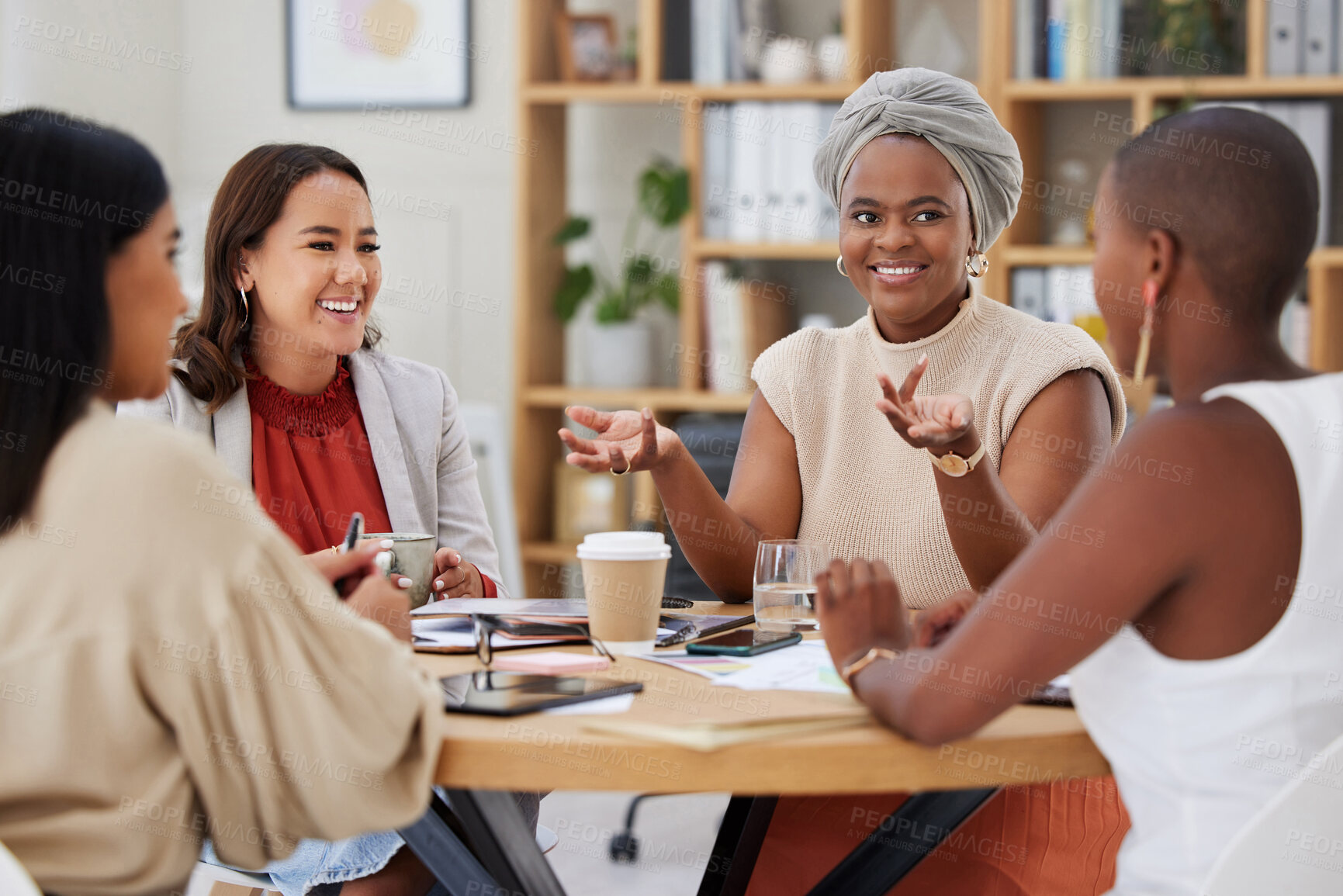 Buy stock photo Business women, meeting and leader talking, discussion or conversation in office workplace. Diversity, teamwork and cooperation for group happiness of employees, staff or people planning together.