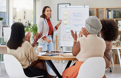 Buy stock photo Ambitious asian business woman using a whiteboard for staff training in an office workshop. Ethnic professional standing and teaching team of colleagues. Sharing ideas and planning marketing strategy