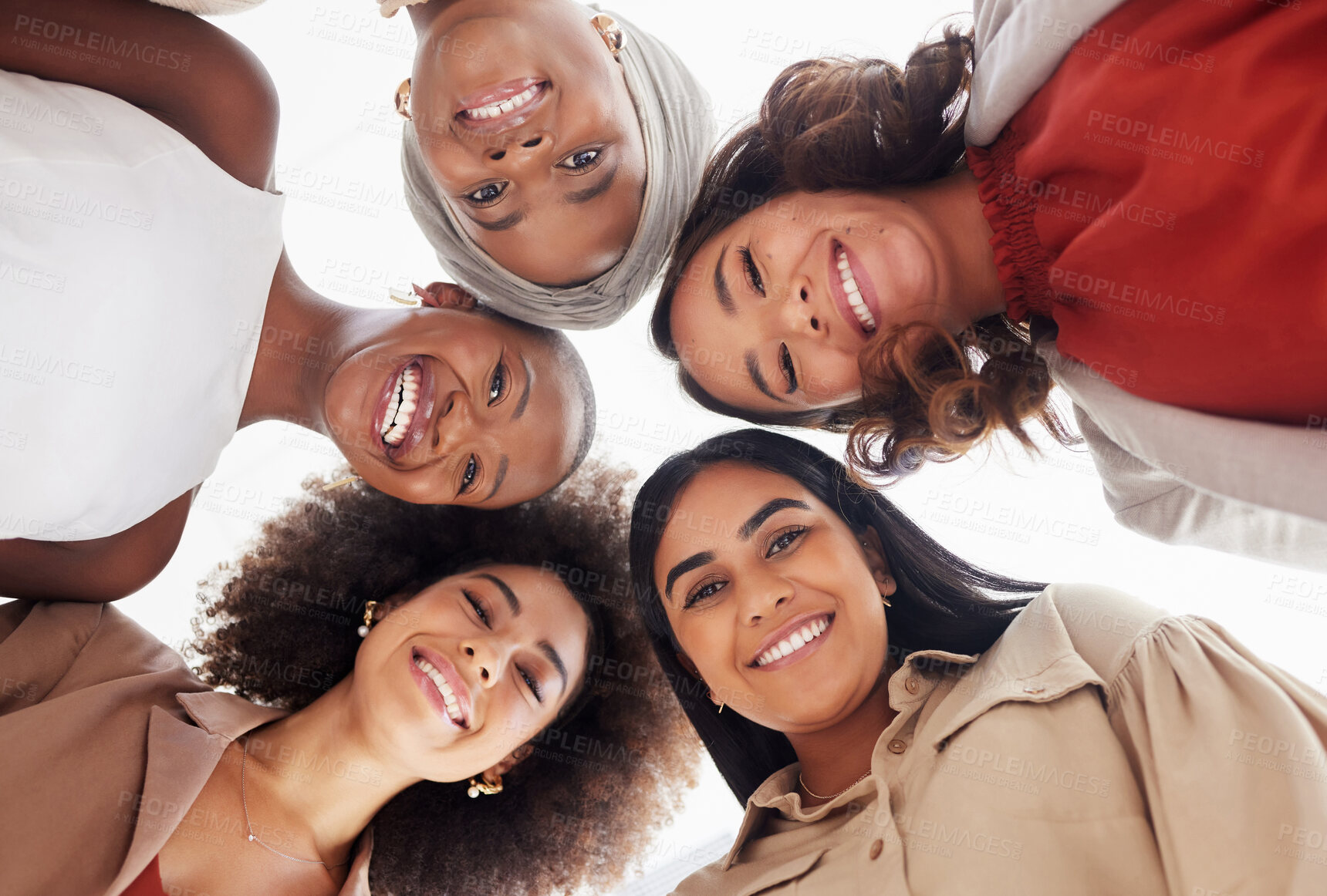 Buy stock photo Teamwork, portrait or faces of women in huddle with goals, mission or motivation together in support. Low angle, group accountability or happy people with smile, diversity or positive growth mindset