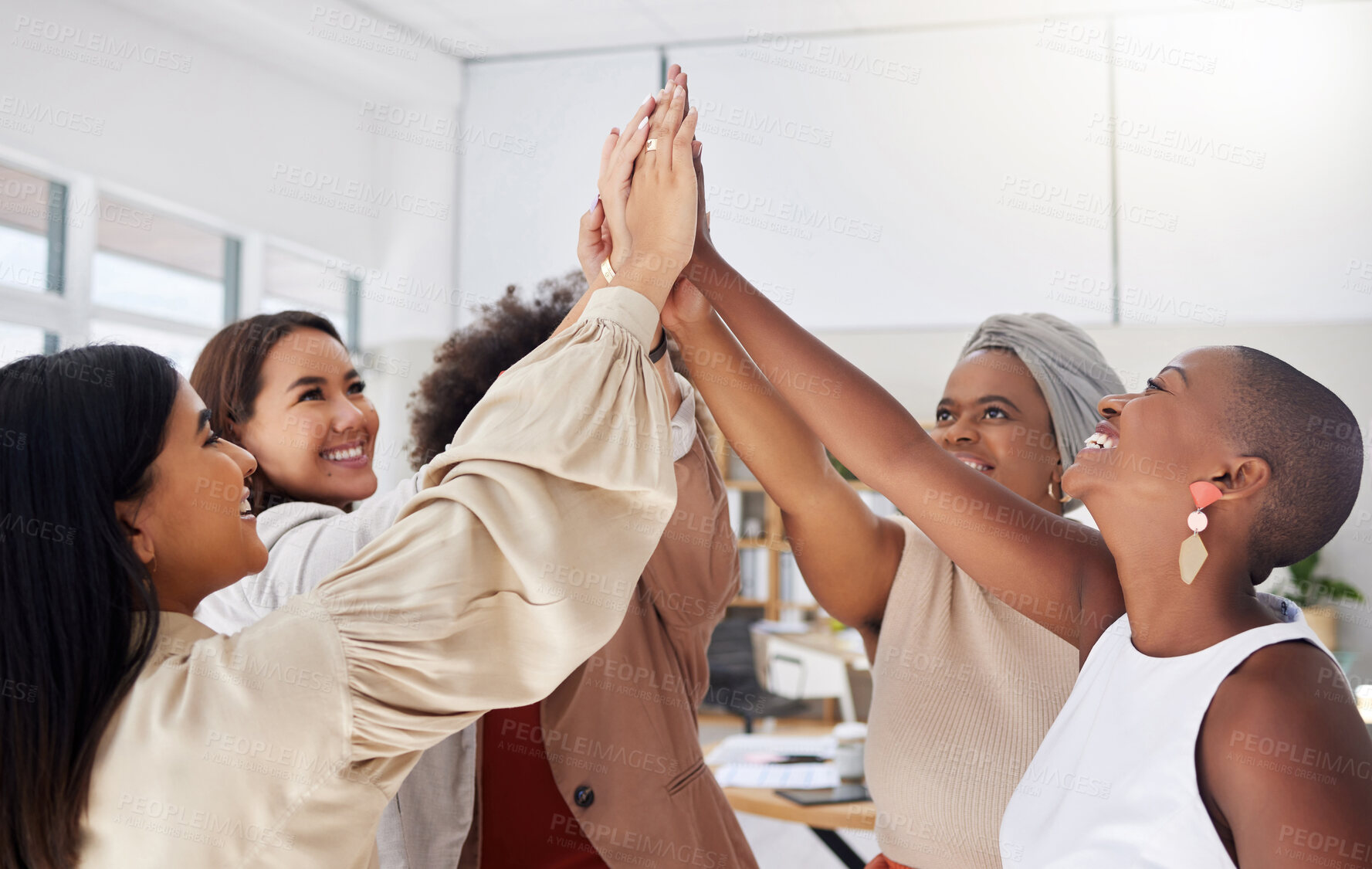 Buy stock photo Teamwork, business women and high five in office for team building, motivation or collaboration. Cooperation, celebrate and group diversity of happy people or staff with goals, success or achievement