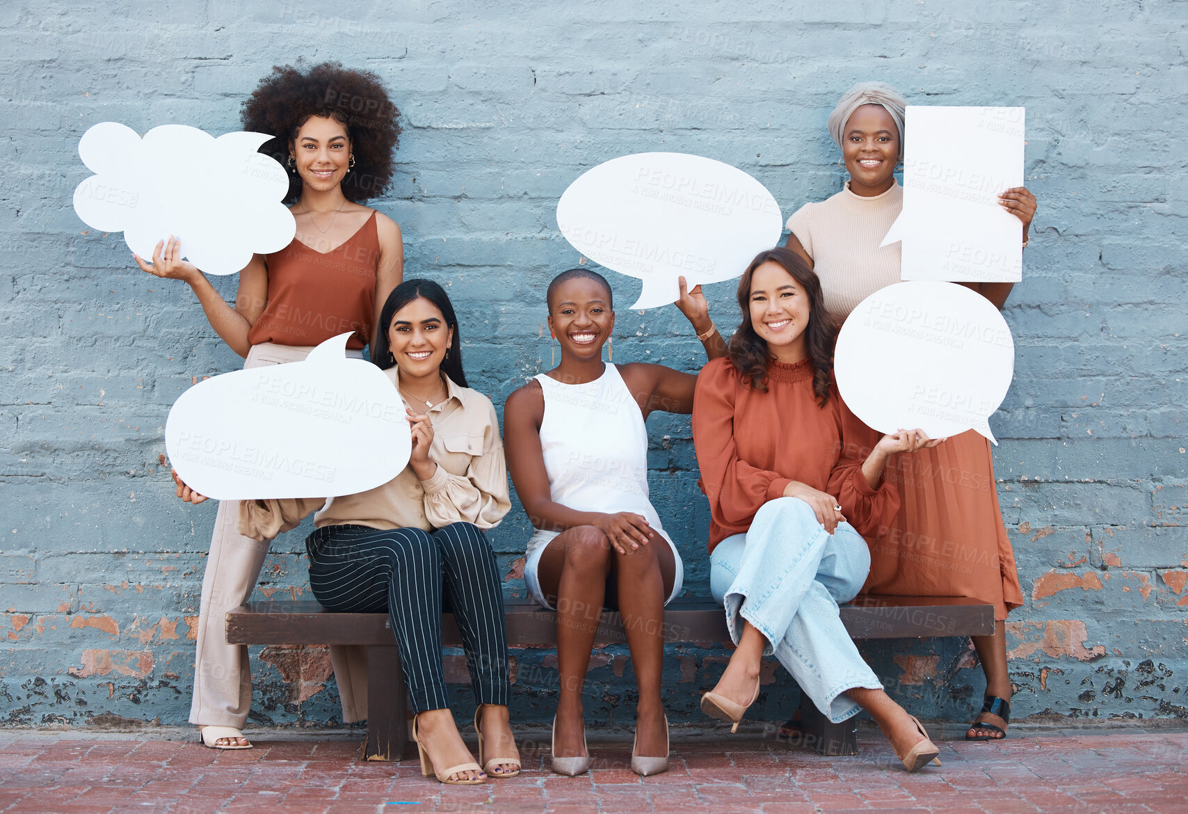 Buy stock photo Business woman, friends and speech bubble in social media holding shapes or icons against a wall background. Portrait of happy women smile with poster shaped symbols for networking or communication