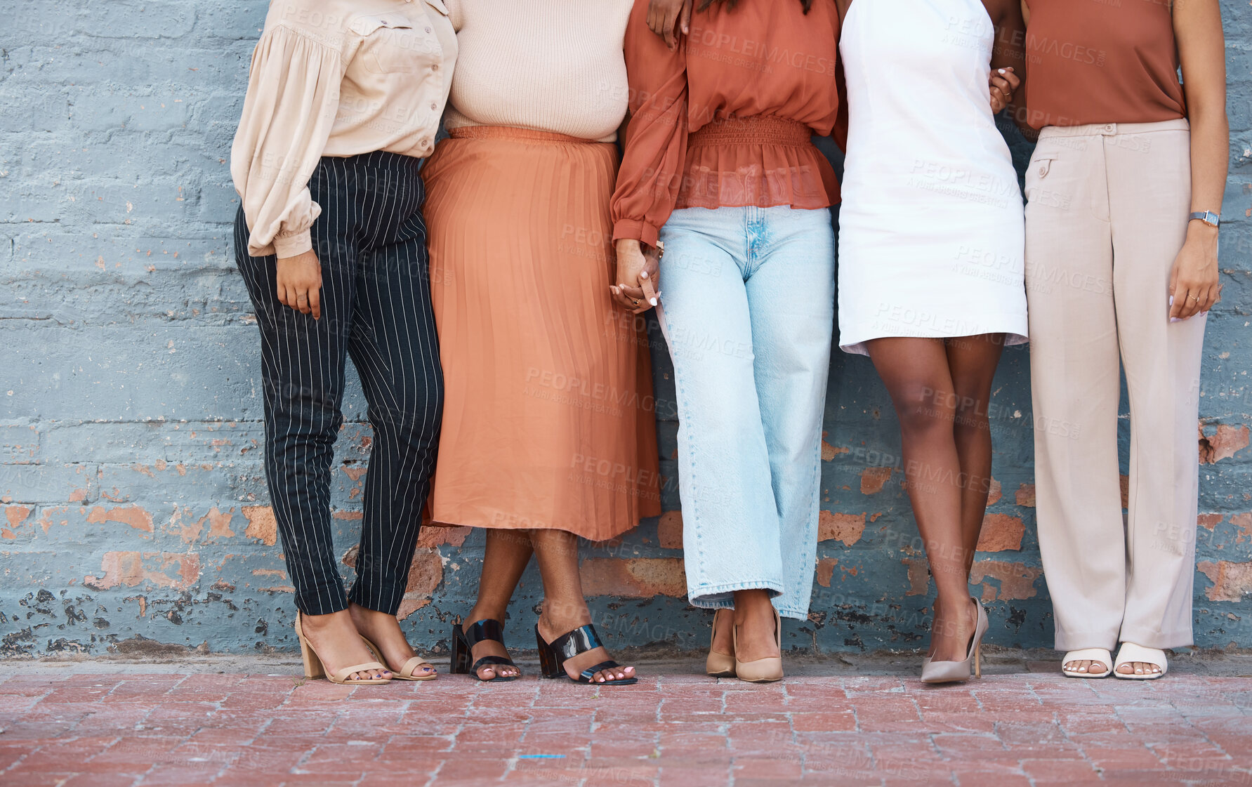 Buy stock photo Fashion, formal and business woman legs at office against a wall in team collaboration or unity. Friends, standing and leg of professional corporate employee women in luxury outfits at workplace