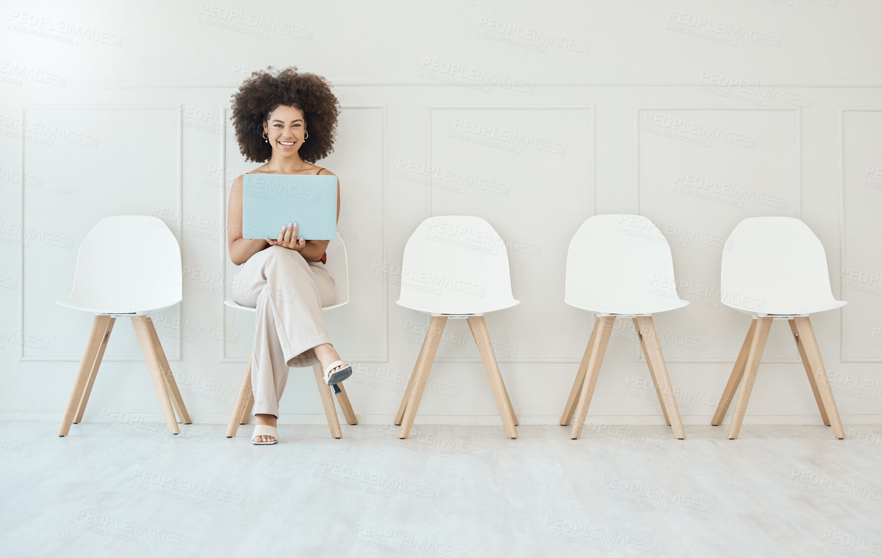 Buy stock photo Portrait, laptop and woman in waiting room, interview or recruitment, hiring or job opportunity. Computer, hr and happiness of business person or mixed race female sitting on chair for employment.