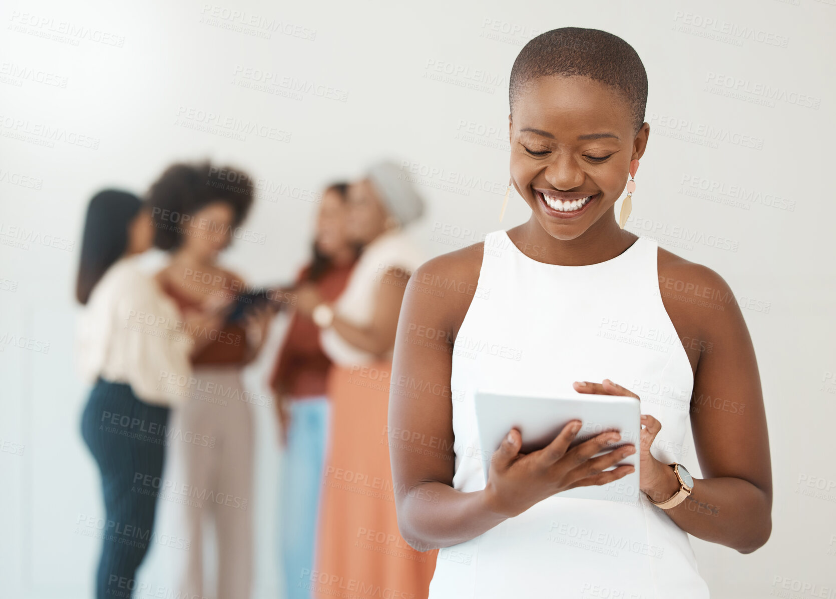 Buy stock photo Black woman, tablet and business smile for communication, internet and network connection. Female leader on mobile app for social media, leadership report and search or typing and reading email