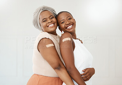Buy stock photo Vaccine, plaster and portrait of black women after an injection as a medical cure isolated in a white background. Healthcare, wellness and happy friends in a hospital or clinic for medicine together