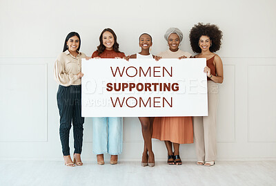Buy stock photo Happy women, diversity and support poster portrait for billboard, mockup or advertising on board. Strong entrepreneur female group or team with banner, paper or blank sign for power and empowerment