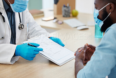 Buy stock photo Doctor, covid consultation and clipboard with results, test or information in hospital. Healthcare, medical professional and black man with patient documents for advice, health insurance or checklist