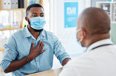 Buy stock photo Doctor, chest pain and patient with covid in hospital for symptoms, breathing problem and consultation. Healthcare, sick black man and medical professional with face mask for treatment in clinic.