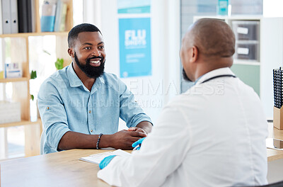 Buy stock photo Doctor, black man and healthcare consultation with a wellness and hospital worker in a office. Consulting, patient and happy male with a smile from health communication and expert advice in a clinic