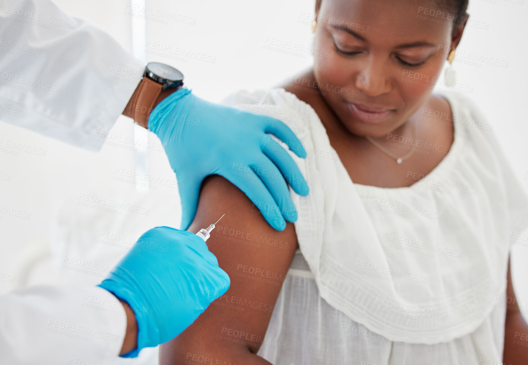 Buy stock photo Doctor, hands and patient arm injection for covid vaccination, booster shot or immunity at hospital. Hand of a medical professional holding client arms for needle prick, vaccine or treatment for cure