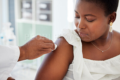 Buy stock photo Doctor wipe the patient arm before a vaccine in a consultation room in the hospital. Healthcare, hygiene and hand of medical worker cleaning the skin before an injection in a medicare clinic.