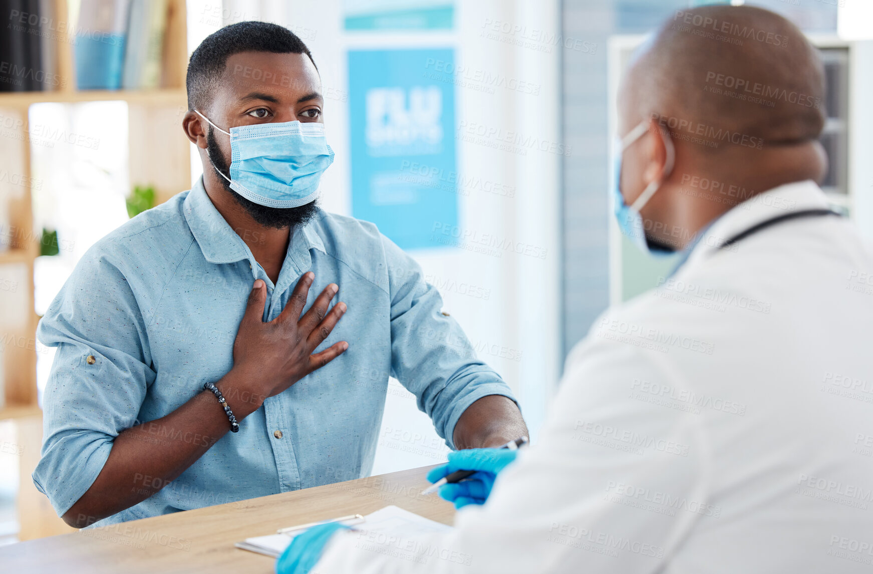 Buy stock photo Doctor, chest pain and patient with covid in hospital for symptoms, examination and consultation. Healthcare, sick black man and medical professional with face mask for treatment or checkup in clinic