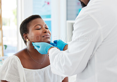 Buy stock photo Doctor, patient with sore throat and medical exam, consultation in hospital and healthcare with health insurance. Check facial lymph nodes, black woman with man and medicine professional in clinic