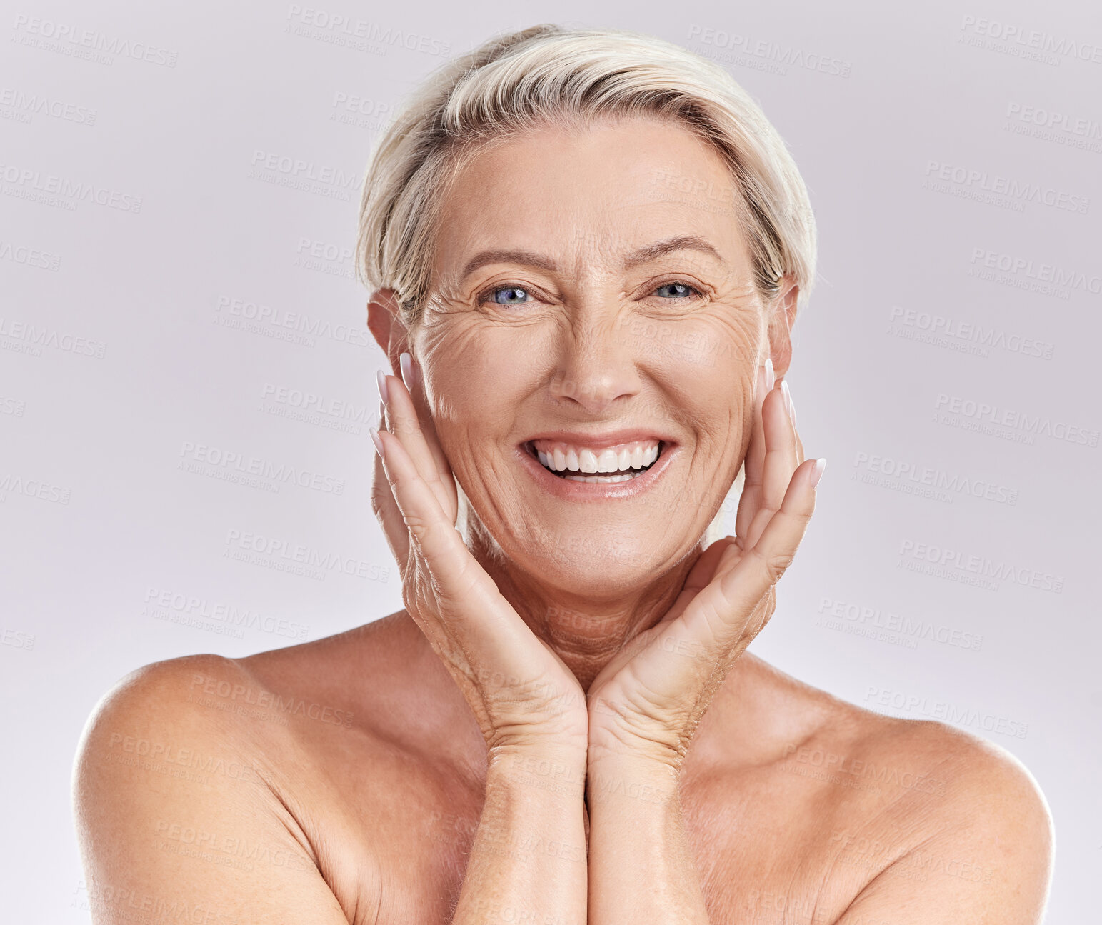 Buy stock photo Face portrait, senior or happy woman with skincare, beauty or wellness in studio isolated on white background. Dermatology, smile or mature lady with clean facial self care, cosmetics or natural glow