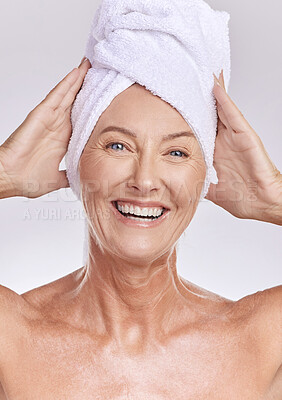 Buy stock photo Portrait, senior or happy woman with beauty, towel or smile in studio isolated on white background. Dermatology, face or mature lady with natural facial skincare cosmetics or glowing shine in spa 