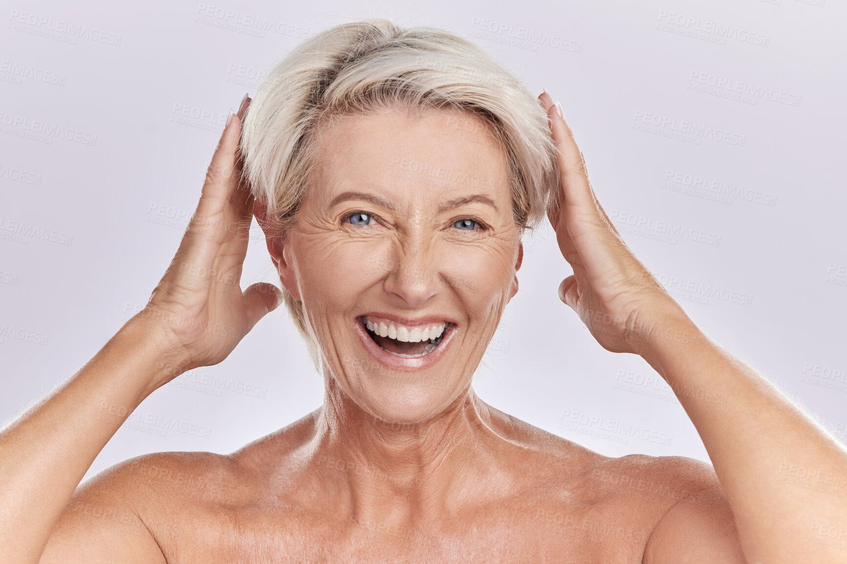 Buy stock photo Mature, portrait and woman touching hair against studio background with happy face copy space. Wellness woman for skincare, beauty cosmetics or healthy body supplements for anti ageing.