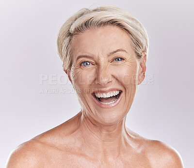 Buy stock photo Skincare, wellness and face of senior woman with big smile in beauty, cosmetics or makeup portrait isolated on a studio background. Happy old lady or model with flawless anti aging skin care