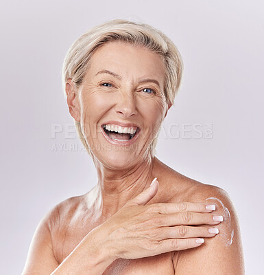 Buy stock photo Sunscreen, skincare and body care of senior woman applying cream to skin with a studio portrait. Skin care, clean and hygiene model with anti aging wrinkles or moisturizing product for aging wellness