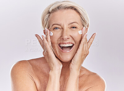 Buy stock photo Beauty, skincare and wellness with a senior woman excited about health and motivation for sunscreen, face serum and skin care. Studio portrait of a happy model clean after a shower, happy and healthy