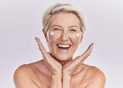 Buy stock photo Skincare, happy and senior woman with smile in health, beauty and face in a studio background. Portrait of a mature female model in healthy wellness for skin care, cream or sunscreen.