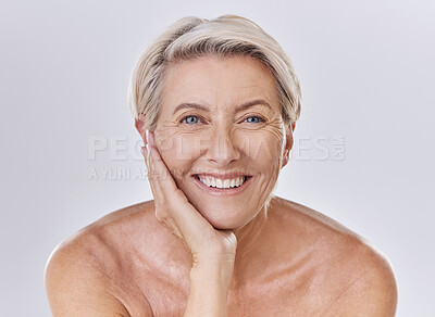 Buy stock photo Face, beauty with happy woman and senior, skincare and wellness isolated on white background. Studio, smile and natural cosmetics, female model  in portrait with skin glow and antiaging dermatology