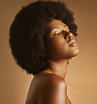 Confident African American woman with a natural afro posing against brown studio copyspace background. Young beautiful black female model looking trendy, powerful and sensual with smooth glowing skin