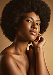 A trendy and fashionable black woman with an afro and a natural and healthy face in the studio. An artistic and real portrait of a serious looking beautiful African American woman