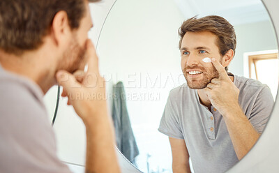 Buy stock photo Bathroom, mirror reflection or man with cream, lotion or moisturizer for acne treatment, skin hydration or beauty routine. Face cosmetics, cosmetology or home person with morning ointment application