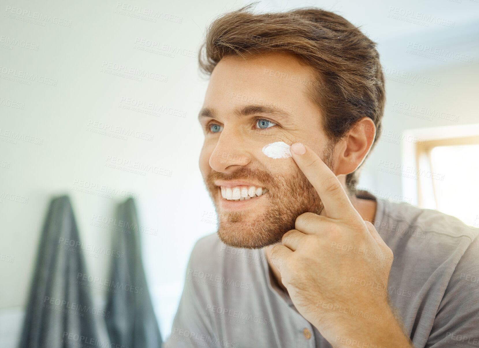 Buy stock photo Bathroom, skincare cream or face of happy man with sunscreen, lotion or collagen moisturizer for skin hydration. Facial cosmetics, cosmetology or home person smile during morning ointment application