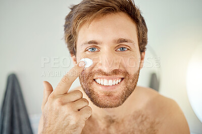 Buy stock photo Bathroom, face cream or portrait of happy man with home facial cleaning, morning skincare grooming or male beauty routine. Cosmetology cosmetics, self care and fresh person smile for acne treatment