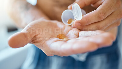 Buy stock photo Hands, medicine and person with tablet, pills or supplements for healthcare, wellness or medication. Medical pharmaceutical, sick or closeup model with vitamin for health balance, energy or nutrition