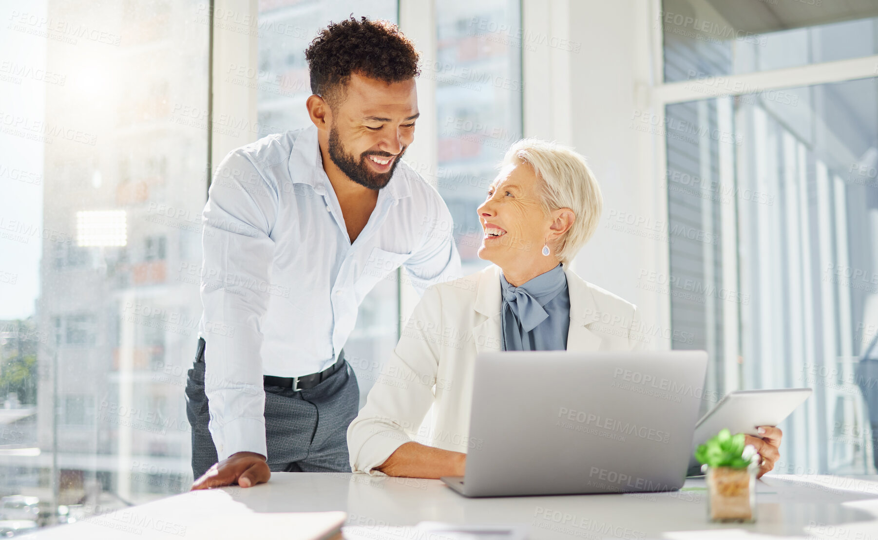 Buy stock photo Office, laptop and business people laughing at funny partnership joke, online review or customer experience feedback. Comedy, diversity and collaboration team work on communication research report