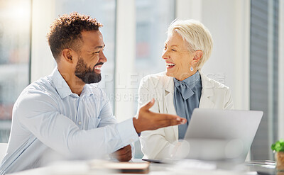 Buy stock photo Happy, office laptop and people laugh at funny cooperation joke, advertising plan or sales trend insight. Comedy, diversity colleagues and collaboration team work on statistics, data or analytics
