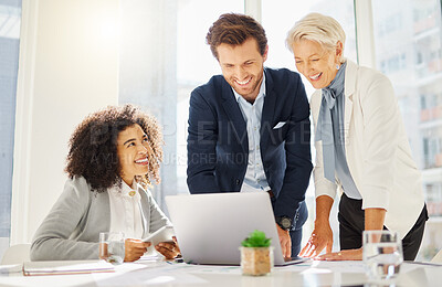 Buy stock photo Laptop, laughing and happy business people smile for office achievement, KPI report or brand development progress. Teamwork, online information and corporate team excited for company growth success 
