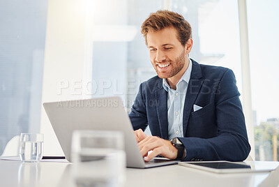 Buy stock photo Happy, laptop reading and business man working in a office with website data and email planning. Entrepreneur, management worker and online database analyst typing on a computer for a web update