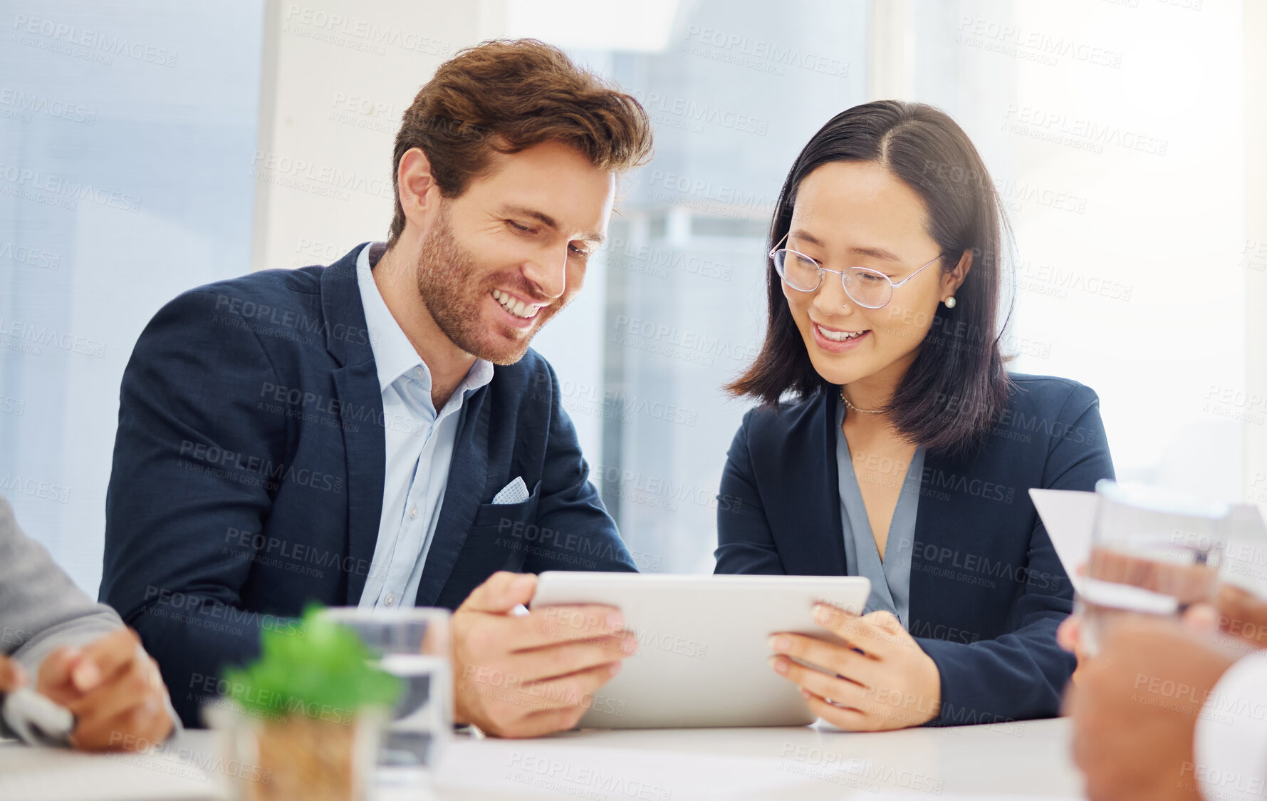 Buy stock photo Happy business people, teamwork and talking with tablet for discussion, planning and office collaboration. Man, woman and diversity of employees, digital technology and innovation in global startup