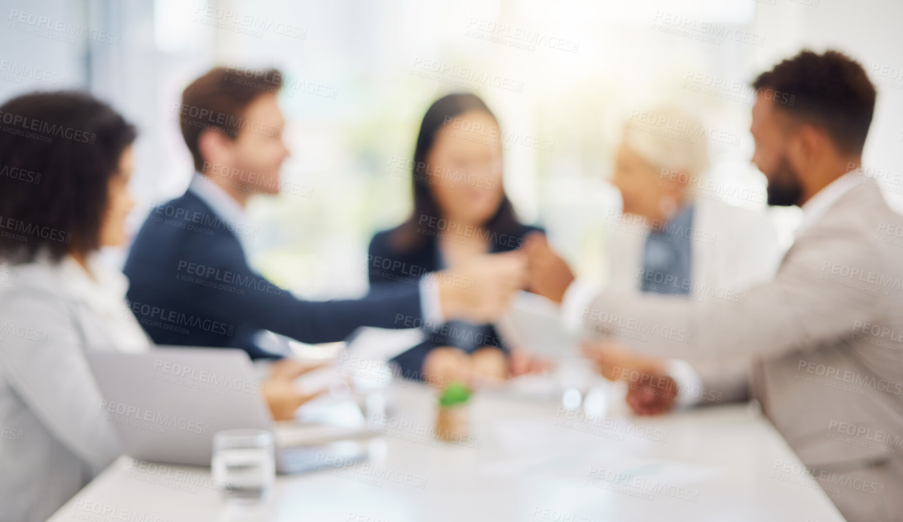 Buy stock photo Defocused office, business meeting and people teamwork, cooperation or collaboration on planning discussion. Blurred strategy group, coworking lawyers and workplace team consulting, talking or chat