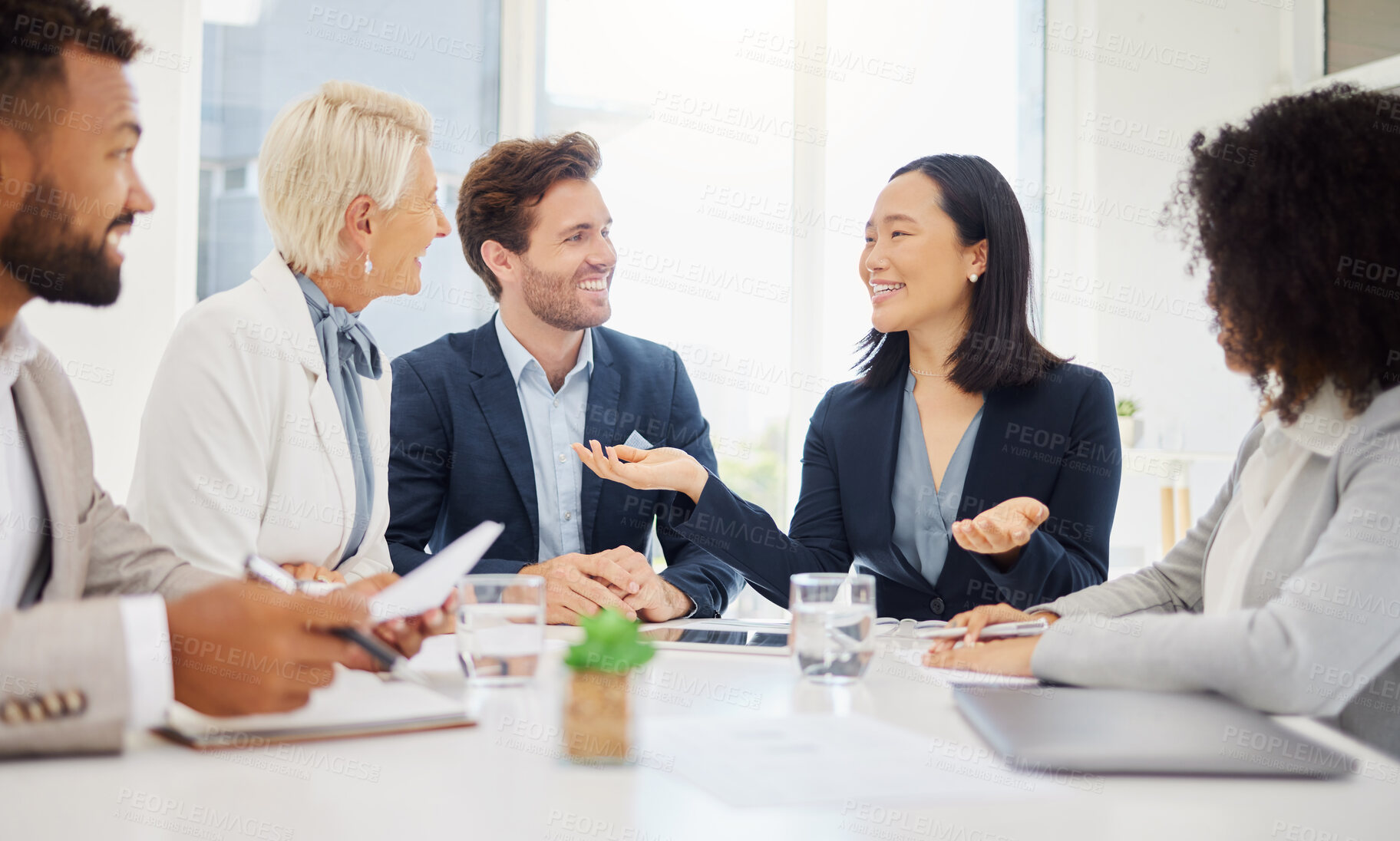 Buy stock photo Diversity, happy people and business meeting discussion, conversation or consultation for law firm planning strategy, Smile, happiness and boardroom team of lawyers working together on research plan