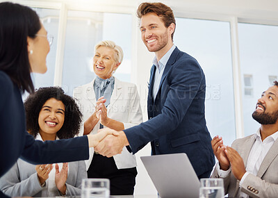 Buy stock photo Agreement, happiness and business people shaking hands for investment proposal success, b2b contract deal or merger. Employee promotion, celebration applause and HR manager with thank you handshake 