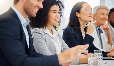 Buy stock photo Conference panel, happy woman and office team listen to boardroom speech, business idea or professional strategy. Presentation meeting, diversity audience and executive group attention to sales pitch