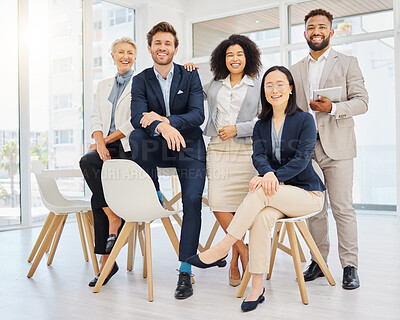 Buy stock photo Success, happy and portrait of business people on chair in office with confidence, pride and motivation. Teamwork, diversity and group of men and women smile for goals, company mission and happiness