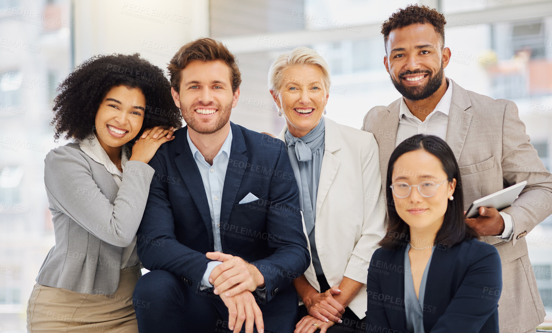 Buy stock photo Corporate, happy and portrait of business people in office with confidence, pride and motivation. Teamwork, diversity and group of men and women with smile for success, company mission and happiness