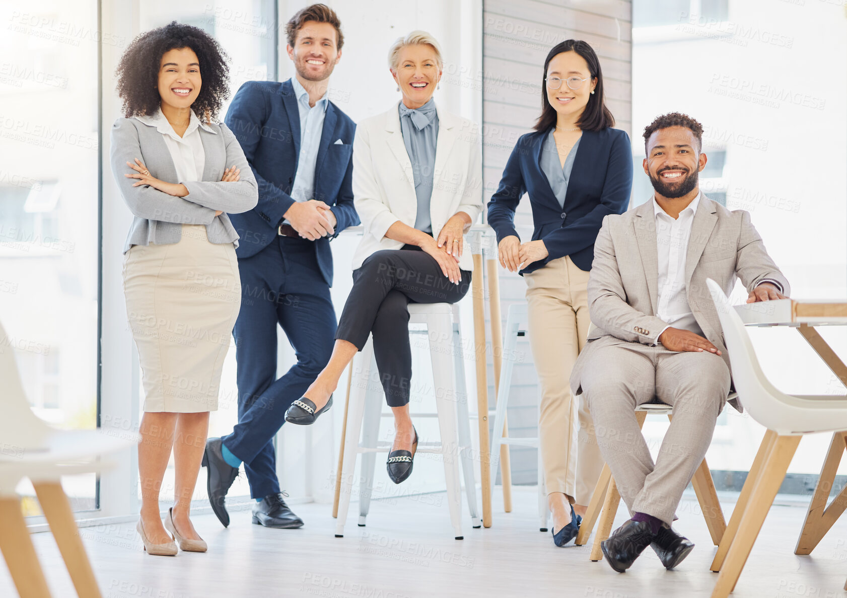 Buy stock photo Team, happy and portrait of business people in office for confidence, pride and goals on chairs. Professional, diversity and group of men and women smile for success, company mission and happiness