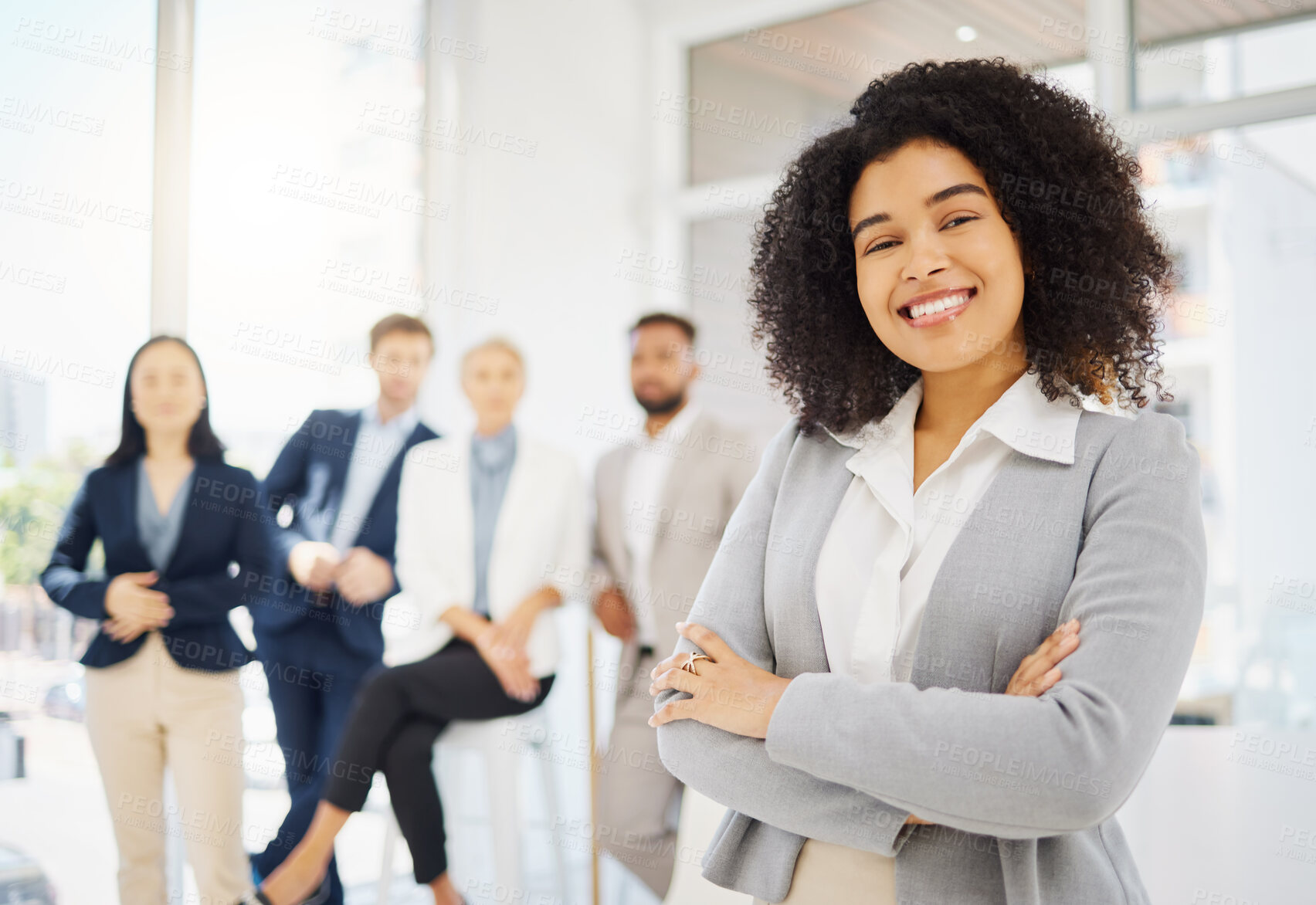 Buy stock photo Business, happy and portrait of African woman in office with confidence, pride and crossed arms. Corporate, professional and female worker smile with team for success, company mission and leadership