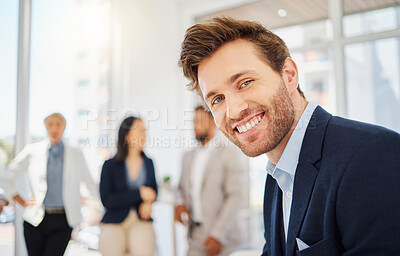 Buy stock photo Professional, happy and portrait of business man in office with confidence, pride and happiness. Corporate, leadership and face of male entrepreneur with smile for success, company mission and team