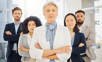 Portrait of a serious mature caucasian businesswoman standing with her arms crossed in an office with her colleagues behind her. Confident entrepreneur and determined leader ready for success in her startup with her team